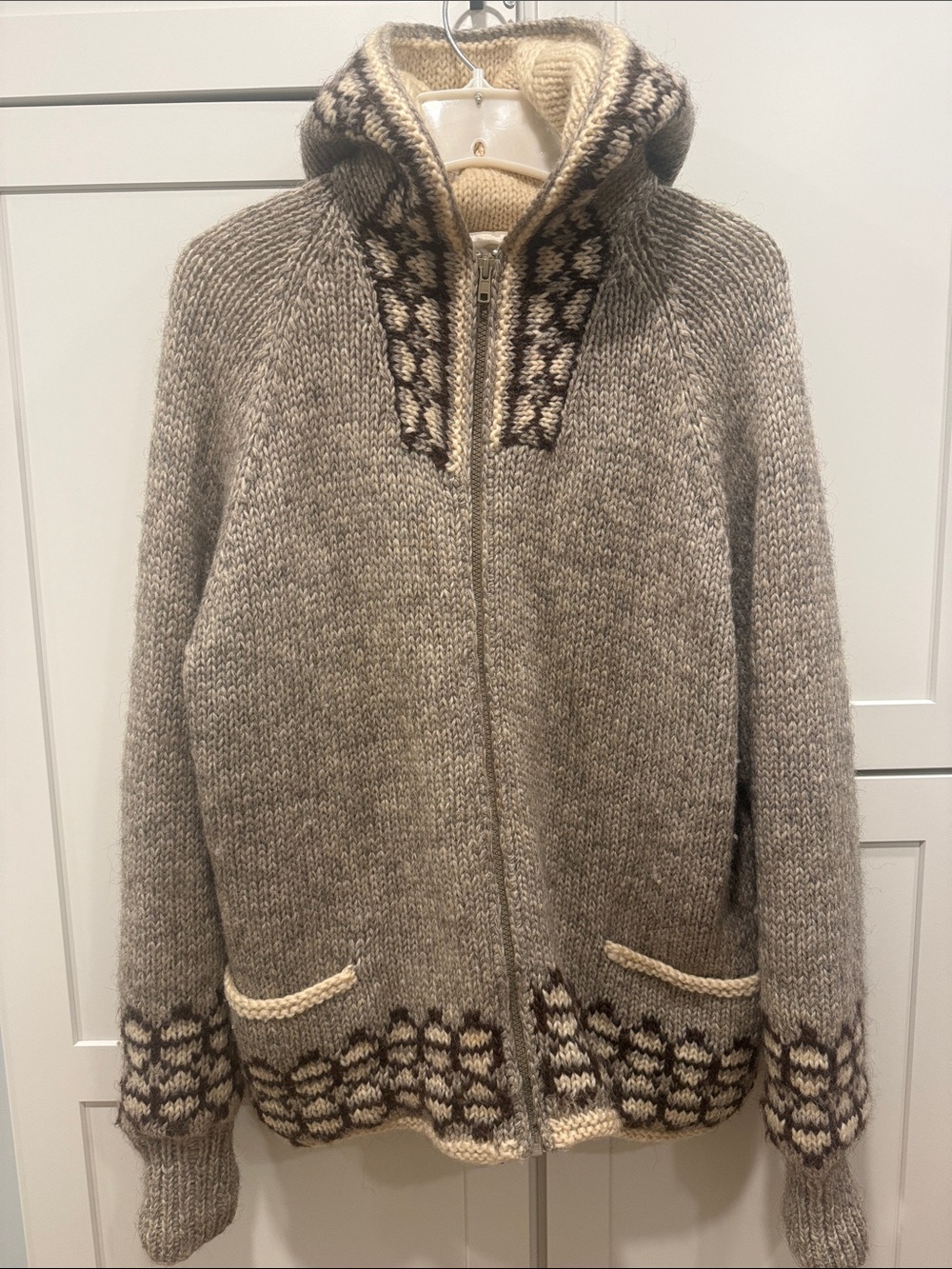Men's Zip-Up Wool Jacket-Sweater in Heather Gray with Cream and Brown Accents
